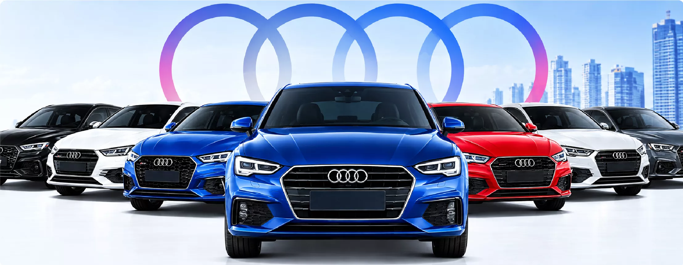 Eight Audi cars lined up